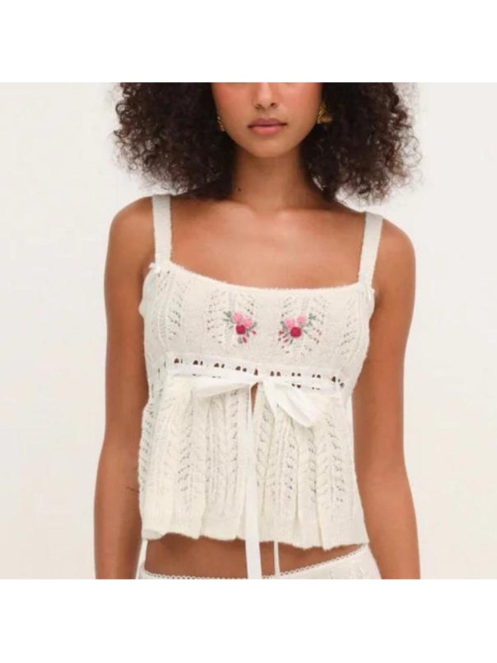 For Love & Lemons Ivory Knit Floral-Embroidered Tie-Front Camisole